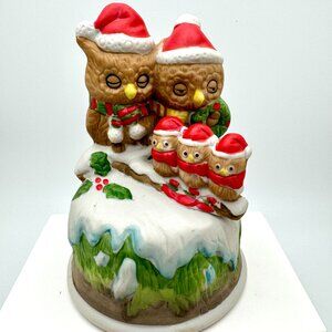 Vintage Enesco Christmas Owl Family Music Box Figurine - Plays White Christmas